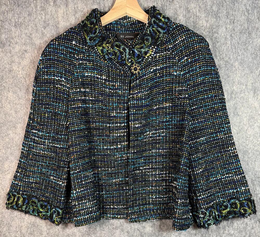 ST. John Whimsical Tweed Blue Turquoise Sz 10 One Button Blazer Decorative Trim